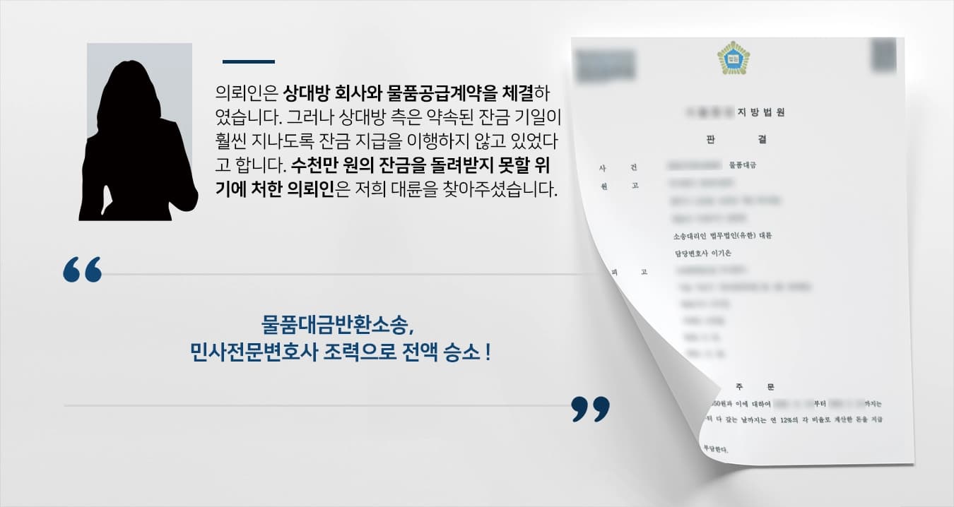 [민사전문변호사 승소사례] 물품대금반환소송 제기해 전액 인용 성공